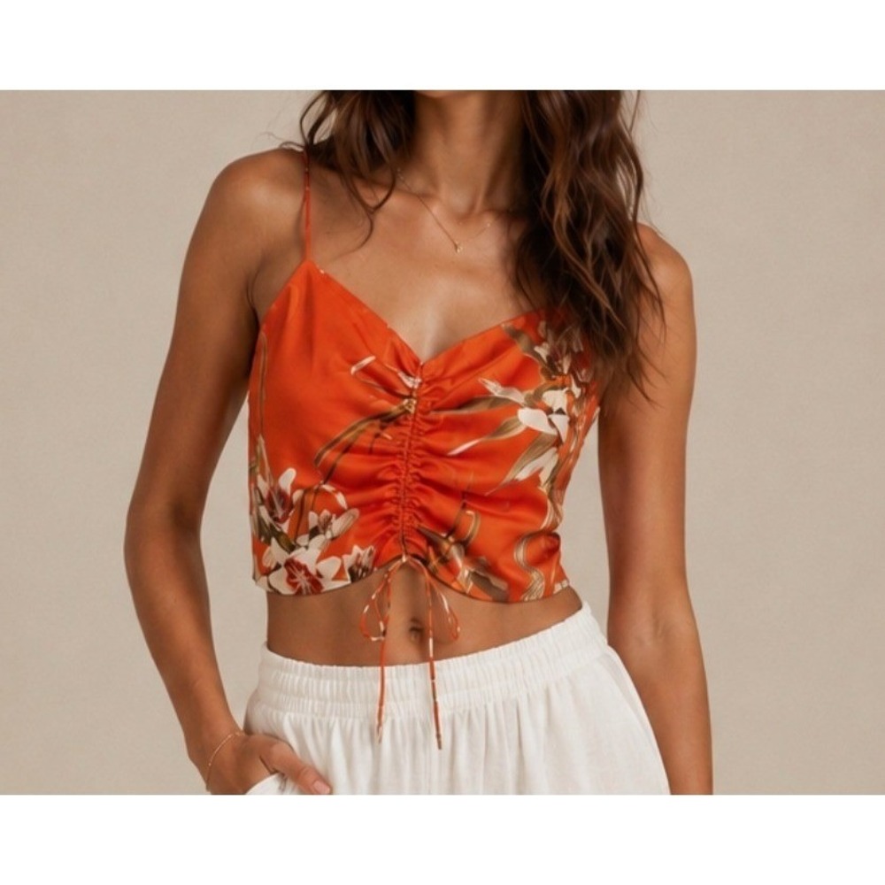 NWT AllSaints Alexia Dorada Silk Orange Floral Ruched Cami Crop Top US 6
